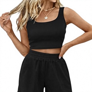 Women's <b>Black</b> Ribbed <b>Crop</b> <b>Top</b> Sleeveless Square Neck Casual Summer Knitted Tank <b>Top</b> Breathable Solid Color Sportswear - Product Image 1