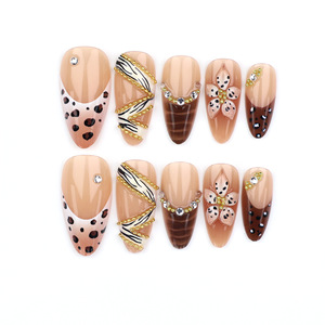 <span class=keywords><strong>Faux</strong></span> <span class=keywords><strong>ongles</strong></span> Maillard Leopard à presser, en amande, avec décorations métalliques dorées, faits à la main, réutilisables, style Y2K rétro, pour nail art - Product Image 4
