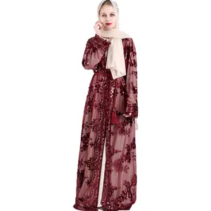 Gonna lunga da donna caftano lussuoso pizzo senza cuciture ricamato paillettes abaya abiti musulmani con cintura in vita