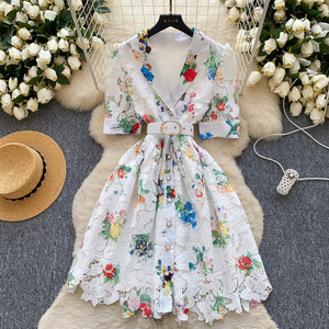 <span class=keywords><strong>Robe</strong></span> imprimée de style vintage pour femmes crochet évidé Design floral tempérament jupe <span class=keywords><strong>mi</strong></span>-<span class=keywords><strong>longue</strong></span> vêtements pour femmes - Product Image 1
