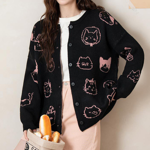 <span class=keywords><strong>Cardigan</strong></span> <span class=keywords><strong>Oversize</strong></span> <span class=keywords><strong>Nero</strong></span> con Stampa di Gatti per Donna - Top Casual Carino per Uso Quotidiano - Product Image 2