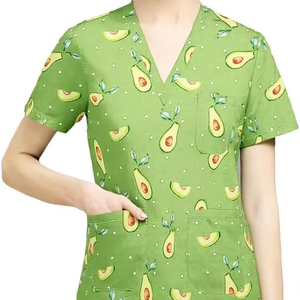 Top Scrubs para mujer, uniforme médico, Top con cuello en V, estampado, manga corta, algodón, absorbente de humedad, elástico, secado rápido, suave - Product Image 1