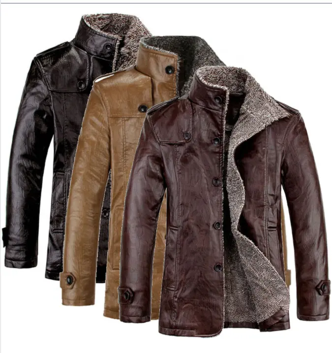 Men's Fleece Leather Jacket Sherpa Lined Stand Collar PU Faux Leather Motorcycle Coat Winter Oversized Thicken Outwear