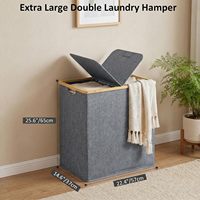 Panier à linge pliable à double section de 140 L avec couvercle en bambou et sac intérieur en filet, panier à linge pliable pour l'organisation du rangement