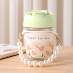 Pulsera de perlas moderna, taza de cristal, 350ml, diseño de pajita doble para beber, bonito regalo de negocios para niñas, botella de agua de café, vidrio - Product Image 1