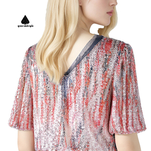 T-<span class=keywords><strong>shirt</strong></span> à manches courtes pour <span class=keywords><strong>femme</strong></span>, style vintage, avec franges et paillettes, tendance printemps, personnalisable - Product Image 4