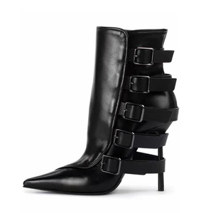 Big Size 46 Women's Back Metal Buckles Short Boots Slim High-Heeled <b>Pointed</b> Toe Ankle Booties Straight Upper Side Zipper Shoes - Product Image 1