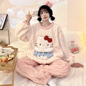 2025 Otoño Invierno nuevo 280g Coral polar pijamas mujeres lindo dibujos animados cuello redondo franela engrosada ropa de casa - Product Image 4