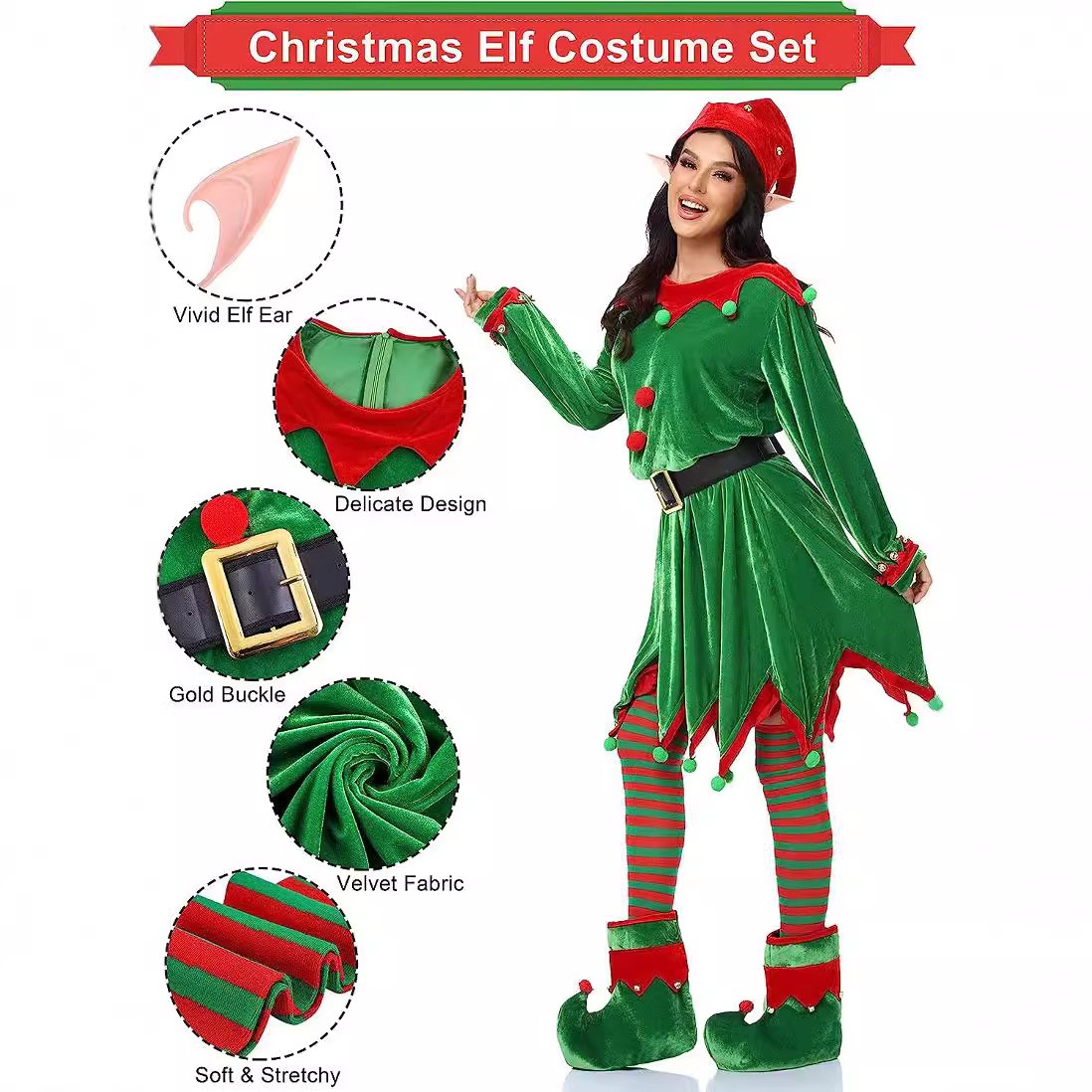 Women Christmas Elf Costume Set Polyester Velvet Dress Belt Striped Over  Knee High Socks Elf Hat Shoes Comfortable for Cosplay| Alibaba.com