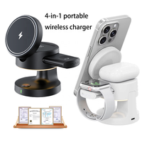 Cargador Inalámbrico Magnético 4 en 1, Banco de Energía Portátil LED, Carga Rápida de 15W, Base de Carga Plegable de Viaje, Micrófono para iPhone y Reloj