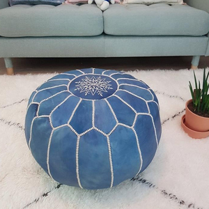 Handmade Essentials White Stitching Leather Pouf - Product Image 1