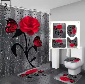 聚酯红玫瑰风格浴帘，带法兰绒浴室垫和浴帘挂钩和浴室配件，每包16个