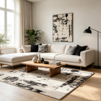 Tapis géométrique jacquard en polypropylène, design monochrome, antibactérien, hauteur de pile 9 mm, fin, antidérapant pour salon et chambre