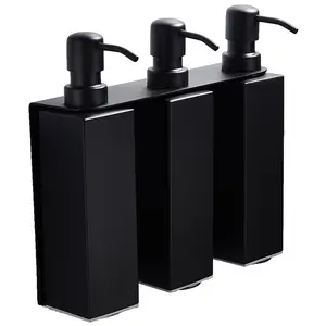 酒店浴室黑色方形三重洗发水瓶不锈钢可再填充液体分配器壁挂式皂液分配器支架