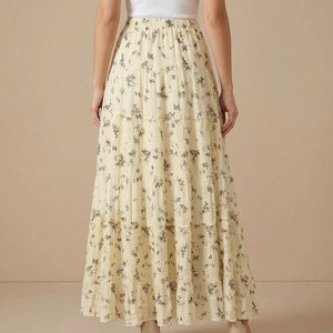 Pale Yellow Printed Maxi <b>Skirt</b> | Woven A-Line Summer <b>Skirt</b>, <b>Boho</b> Style Floral <b>Skirt</b> - Product Image 3