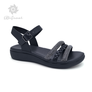 Eleganti <span class=keywords><strong>Sandali</strong></span> Estivi con Cinturino alla Caviglia e Plateau, Versatili <span class=keywords><strong>Sandali</strong></span> Piatti con Intreccio e Strass Scintillanti - Product Image 1