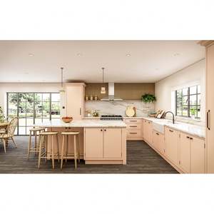 Meubles de cuisine sur mesure, armoires modernes en bois massif blanc shaker avec îlot en quartz/bois - Product Image 5