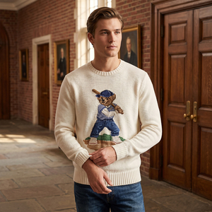 Suéter <span class=keywords><strong>de</strong></span> <span class=keywords><strong>Punto</strong></span> Grueso 7GG para <span class=keywords><strong>Hombre</strong></span>, Estilo Preppy Vintage, con Jacquard <span class=keywords><strong>de</strong></span> Oso, Diseño Retro con Estampado Animal, Mezcla <span class=keywords><strong>de</strong></span> Lana, para Invierno - Product Image 4