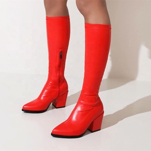 2022 Popular Pointy Toe Style Solid Boots Shoes for Girls Women Side Zip Chunky High <b>Heel</b> Boots Knee High Daily Shoes Size 48 - Product Image 3