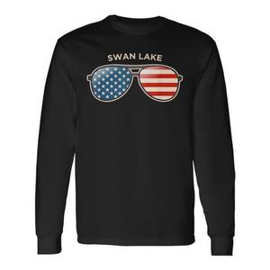T-shirt a maniche lunghe Swan Lake con bandiera USA e occhiali da sole, design unisex per adulti, girocollo, stampa digitale, abbigliamento promozionale - Product Image 1