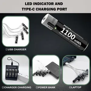 로고 사용자 정의 Oem 홈 휴대용 소형 1100mWH Type-C USB 충전식 AAA 리튬 이온 배터리