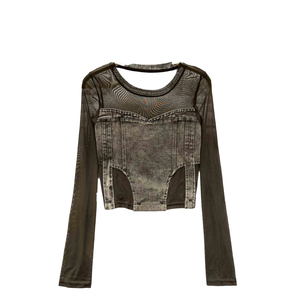 American Vintage mujer verano Top manga larga Patchwork malla transpirable tejido sólido patrón camiseta borla ecológico fácil - Product Image 5