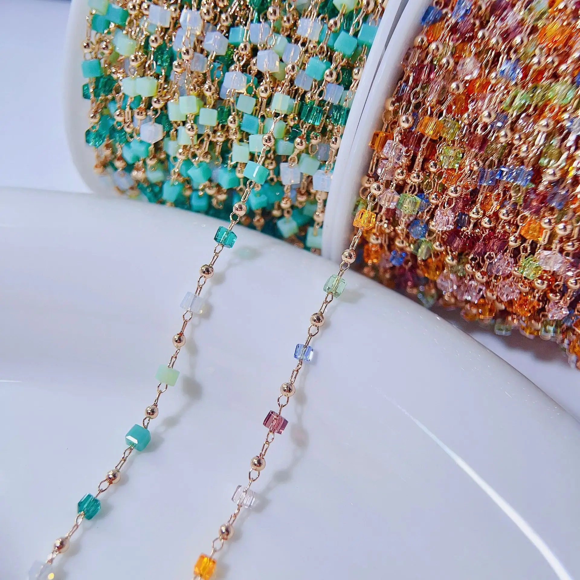Hobbyworker 20m/roll Handmade Copper Mixed Color Crystal Beads Chains For Diy Necklace Earrings Waist Chain Making C0469