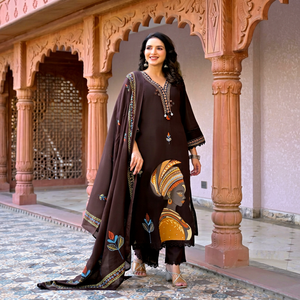 Brown Cotton Ethnic <b>Kurta</b> Palazzo Set with Hand Drawn Print and Dupatta for <b>Women</b> Casual Wear - Product Image 1