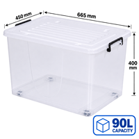 Boîte de rangement en plastique PP transparente de 90 L, empilable, avec roulettes, pour chambre à coucher, placard, vêtements, literie