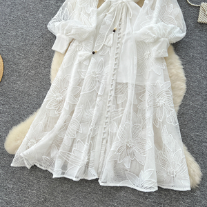 Vestido de lujo para mujer-Vestido Maxi bordado ahuecado con lazo de un solo botón <span class=keywords><strong>Ropa</strong></span> elegante para mujer - Product Image 4