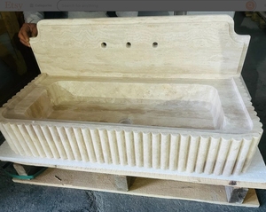 Lavabo de salle de bain en marbre blanc de Carrare de luxe avec dosseret, vente en gros - Product Image 6