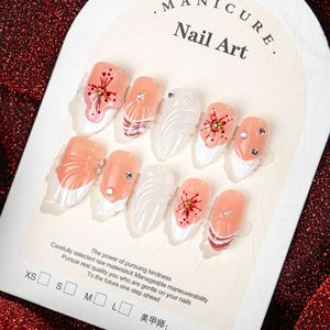 Ongles à presser 3D en forme d'amande, couvrance totale, qualité supérieure, avec French manucure blanche, ajustement naturel, faits main, strass - Product Image 2