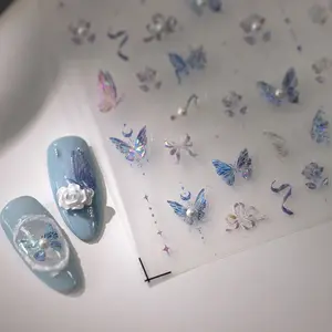 Yeni varış 3D yapıştırıcı lazer kelebek tırnak çıkartmalar OEM tırnak kelebek Sticker çocuklar için çocuk bayan tırnak çıkartmaları