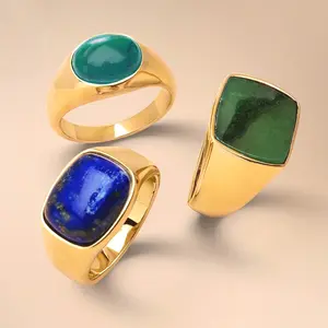 Hot Selling 18k Gold Men Signet Rings With Blue Lapis Turquoise Anti-fading Stainless Steel Natural Gemstones Ring Jewelry