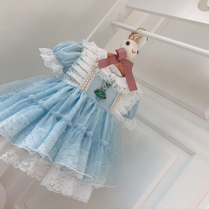 Falda de encaje <span class=keywords><strong>azul</strong></span> <span class=keywords><strong>cielo</strong></span> de estilo europeo, vestido español <span class=keywords><strong>para</strong></span> <span class=keywords><strong>niñas</strong></span> de 2 a 5 años, manga corta, estampado informal en capas, temporada de verano decorativa - Product Image 3
