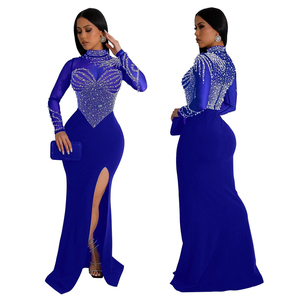 Nuevo estilo europeo, vestido transparente con cuentas, cuello redondo, manga larga y abertura alta para mujer - Product Image 4