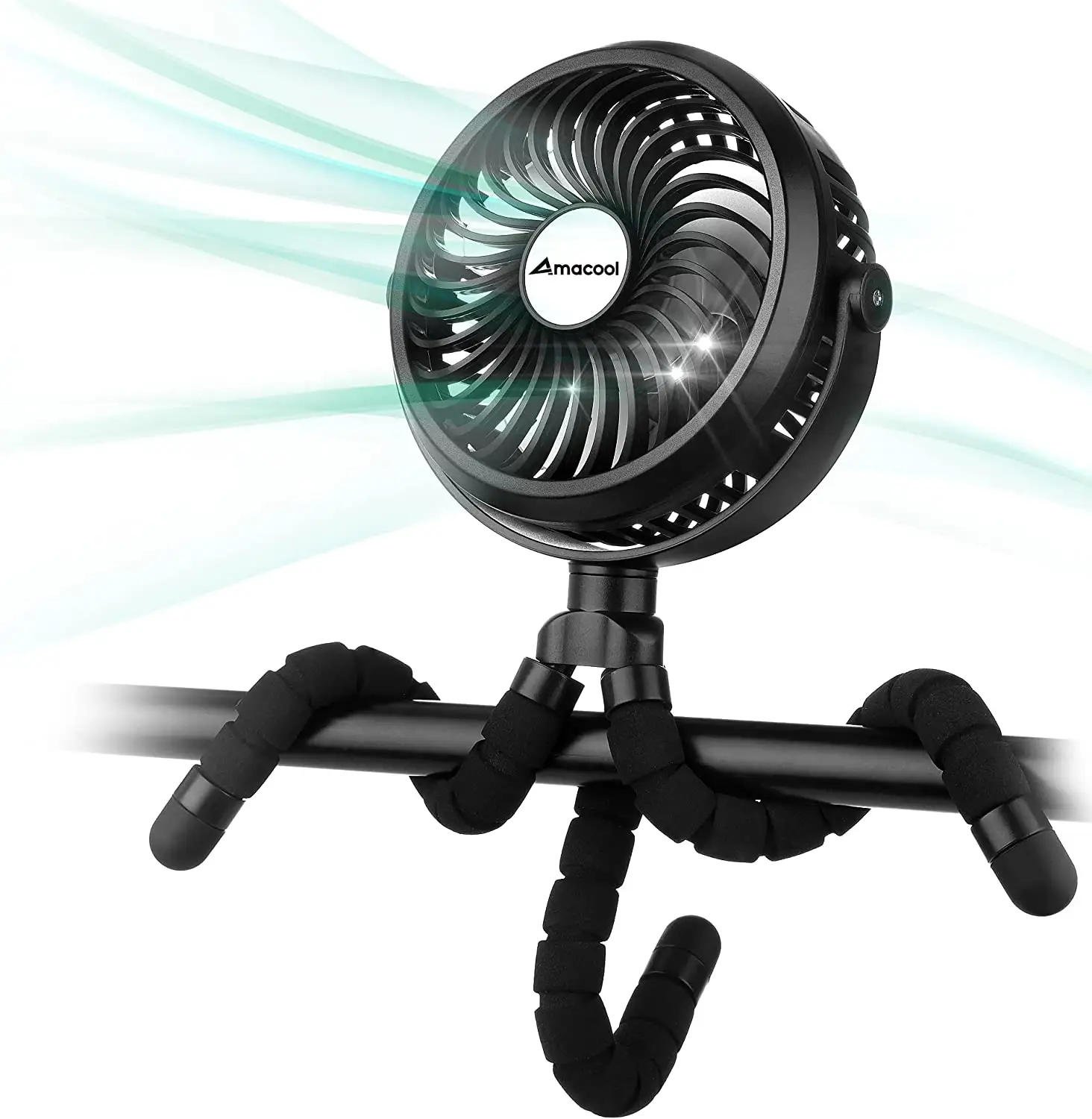 AMACOOL Battery Operated Stroller Fan Flexible Tripod Clip On Fan with 3 Speeds and Rotatable Handheld Personal Fan