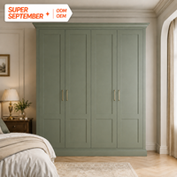 Armoire Shaker de Luxe Moderne à Double Panneau, Poignée Dorée, 4 Portes, Vert Sauge, Autoportante, Rangement de Chambre Personnalisé