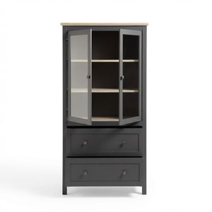 <span class=keywords><strong>Armoire</strong></span> de rangement en bois avec porte en verre haute et 2 tiroirs - Meuble de salon moderne, grande capacité et design gain de place - Product Image 1