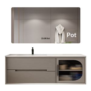 Meuble de salle de bain moderne de luxe léger et simple, avec vasque intégrée en céramique sans joint en <span class=keywords><strong>plaque</strong></span> de roche, miroir et lampe de miroir - Product Image 5