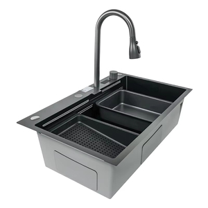 Stainless Steel Deckmount Three-Hole Commercial Use Multi-Functional Kitchen <strong>Sink</strong> Single Bowl Pull-Out Lifting Faucet Black - Product Image 4