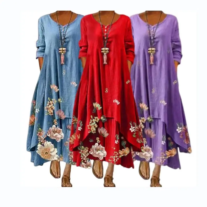 Gaun Tunik Longgar Kasual Wanita Tidak Beraturan Gaun Maxi Leher Bulat Lengan Panjang Polos untuk Wanita Retro Boho Gaun Maxi Panjang Kaftan