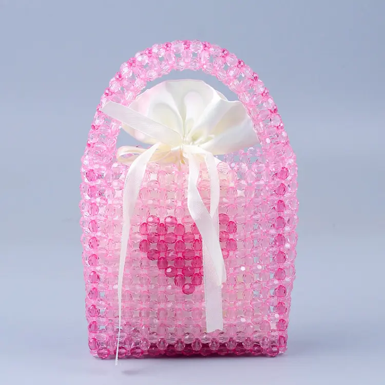 2024 Wholesale Bulk India Pink Heart Glass Seed Beaded Tote Clutch Bag