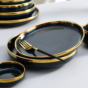 Luxury Matte Black Ceramic Stoneware Dinner <b>Set</b> Restaurant Grade Tableware with Metallic Edging Chip-Resistant Design Wholesale - Product Image 3