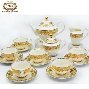 24K Germany 17pcs Luxury Embossed Real Gold Porcelain Wholesale Tea Coffee Dinner Set for Cafe and Present Giving