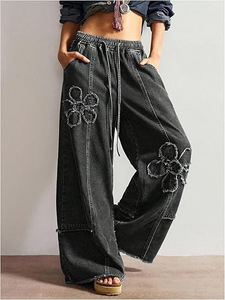 Jean à jambes larges avec cordon de serrage à la taille élastique, tissu à fleurs frangées pour femme, coupe ample, pantalon long jusqu'au sol - Product Image 6