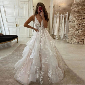 White V-neck Ball Gown Wedding Dress Tulle Lace Natural Waistline Simple Elegant Style - Product Image 1