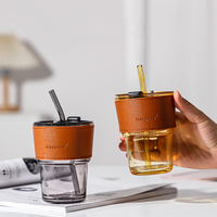 Tasses à café en verre borosilicate réutilisables à double paroi, anti-fuite, sans BPA, avec logo personnalisé, paille et manchon en cuir, compatibles micro-ondes et lave-vaisselle