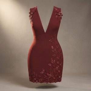 Robe de soirée sans manches bordeaux, col en V, mini, moulante, robe de fête, applique florale 3D, respirante, tenue de cocktail - Product Image 4