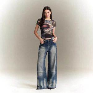 Pantalones vaqueros <span class=keywords><strong>de</strong></span> mezclilla <span class=keywords><strong>de</strong></span> mujer al por mayor, casuales, lavados, desgastados, con estampado <span class=keywords><strong>de</strong></span> alas degradado, remachados, vintage, <span class=keywords><strong>de</strong></span> cintura alta, holgados y <span class=keywords><strong>de</strong></span> pierna <span class=keywords><strong>ancha</strong></span> - Product Image 2
